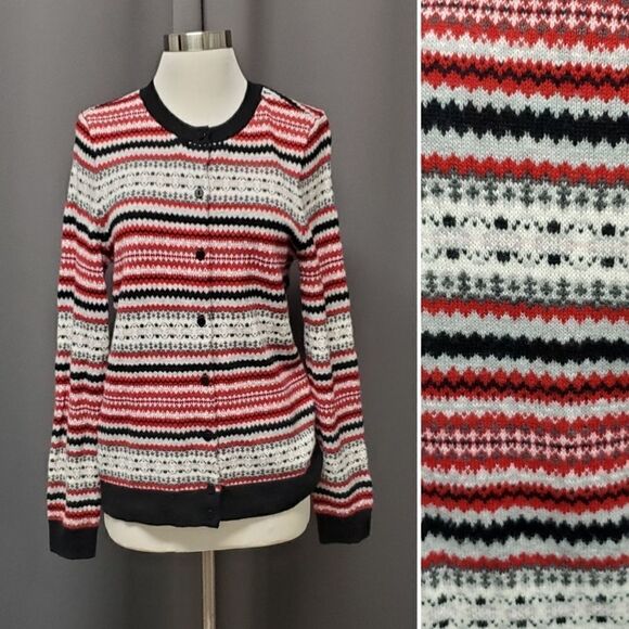 Talbots Lambswool Blend Striped Cardigan Button Up Knit Fair Isle Apres Sweater - Picture 2 of 5
